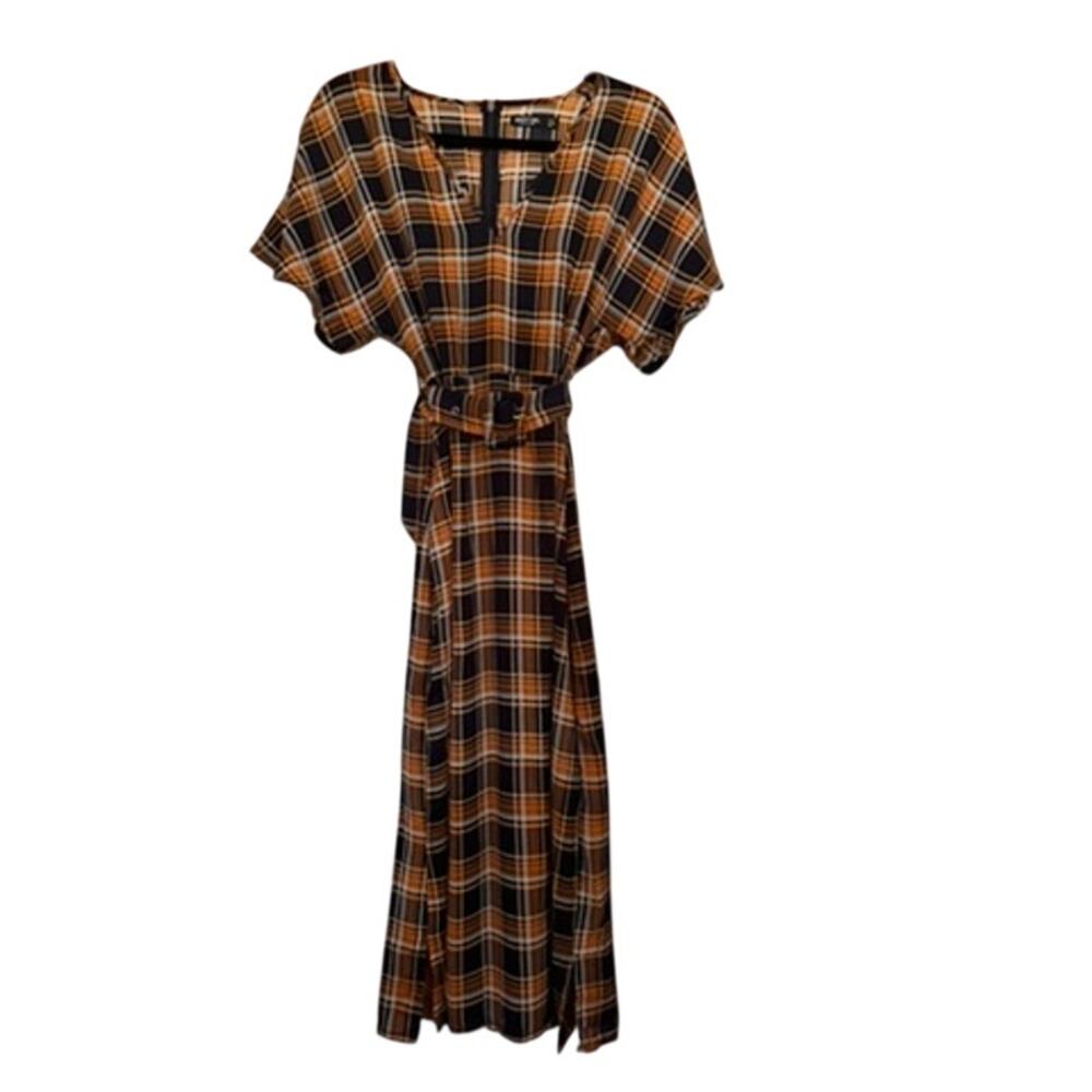 NWT Nasty Gal Check Belted Midi Dress Orange Black Plaid Women's Size US 6